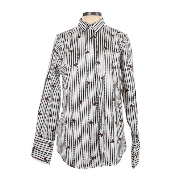 Chico’s No Iron Blouse Size XL White Chain Tassel Stripe Print Popover Top - Picture 1 of 10